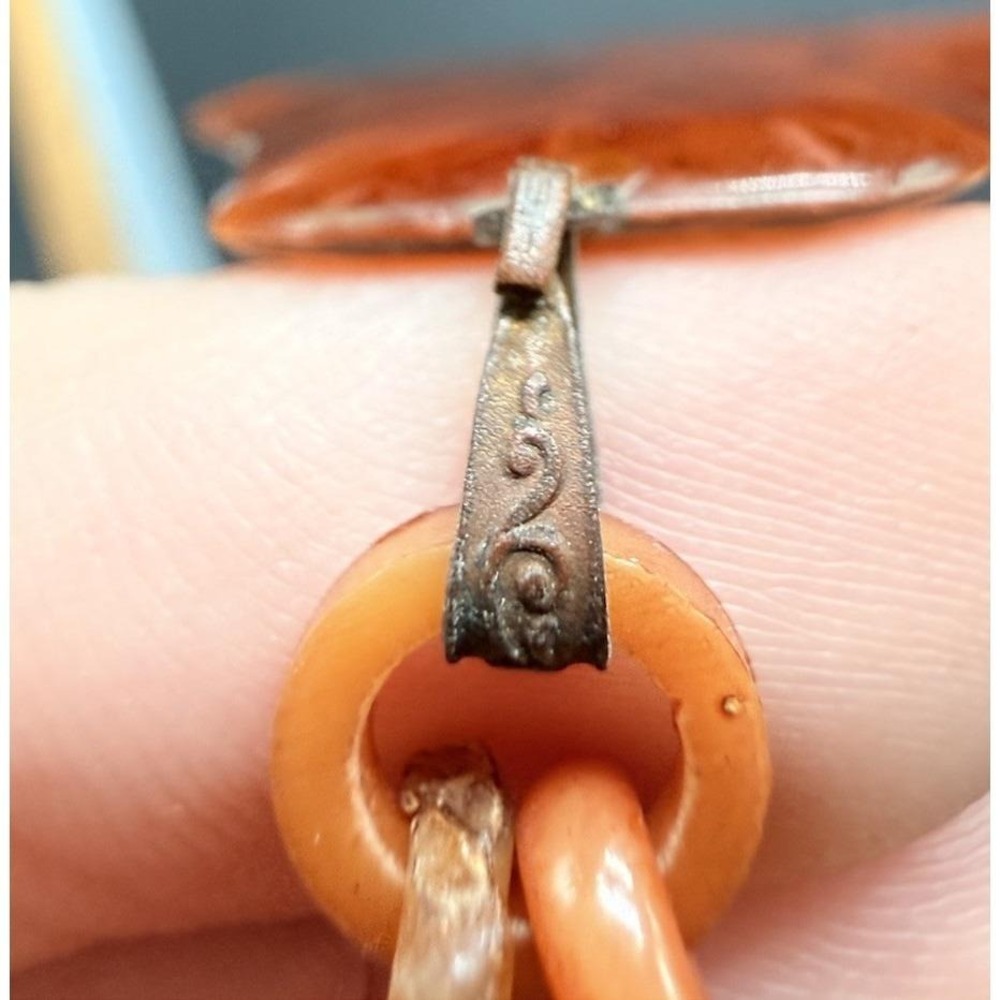 Unique Bakelite Tortoise Cameo Necklace 26" Link Chain Antique Celluloid - Picture 4 of 5